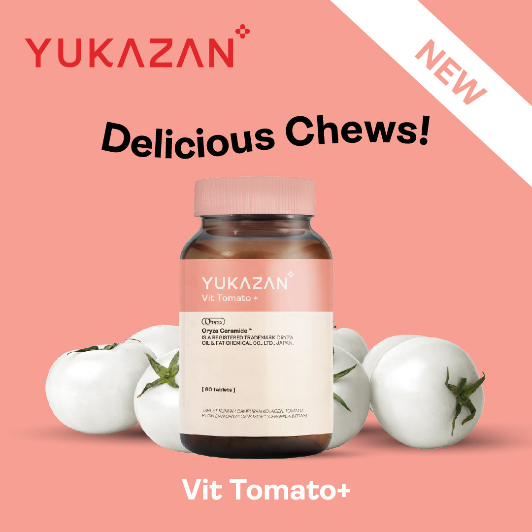 Yukazan Vit Tomato+ Thực phẩm bổ sung sáng da - Collagen, Cà chua trắng, Viên nhai Oryza Ceramide - Kem chống nắng dạng uống (60's)
