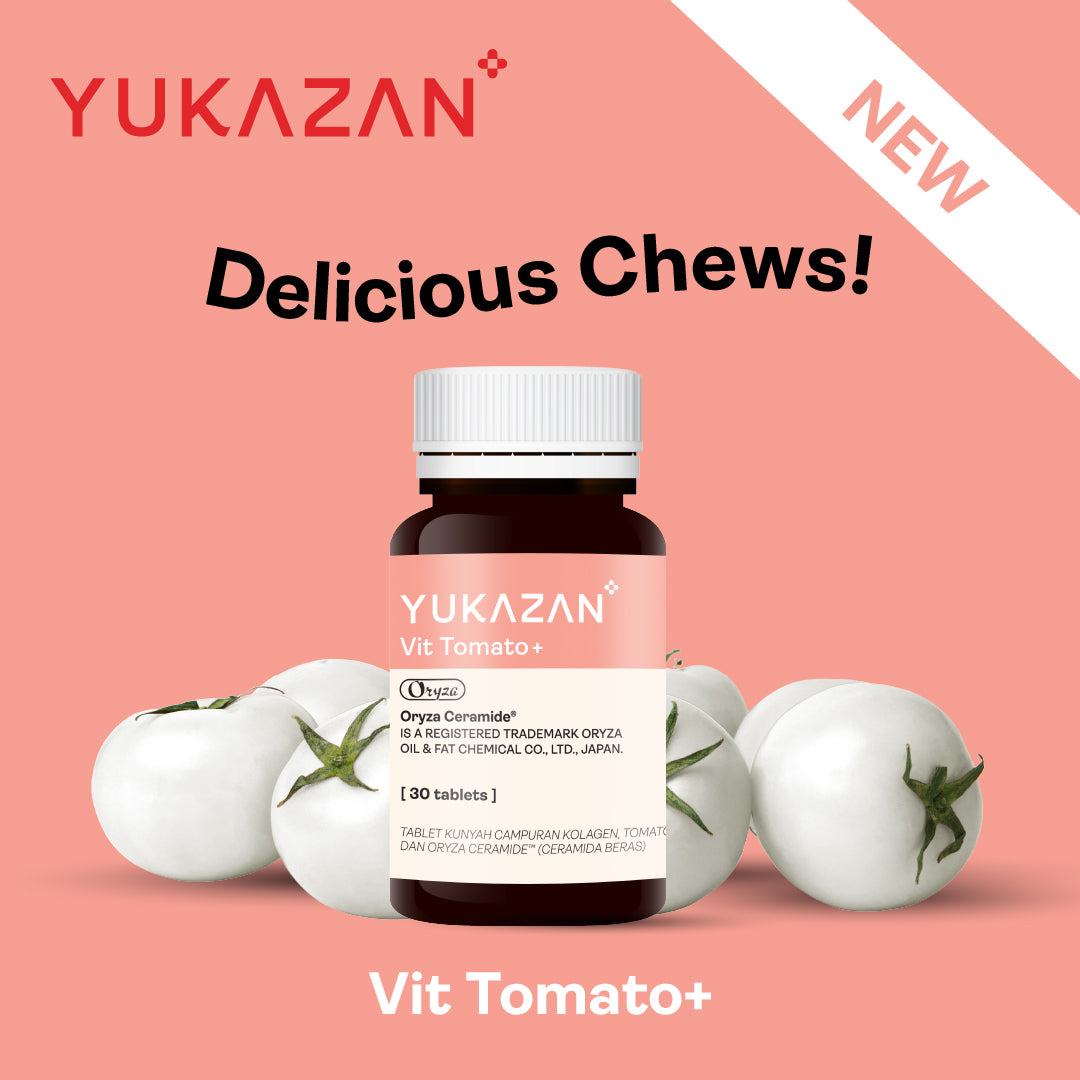 Yukazan Vit Tomato+ Thực phẩm bổ sung sáng da - Collagen, Cà chua trắng, Viên nhai Oryza Ceramide - Kem chống nắng dạng uống (30's)