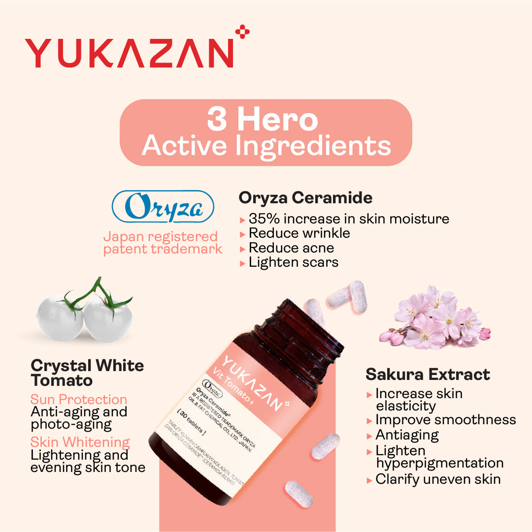 Yukazan Vit Tomato+ Brightening Supplement - Collagen, White Tomato, Oryza Ceramide Chewable Tablet - Oral Sunblock (30's)