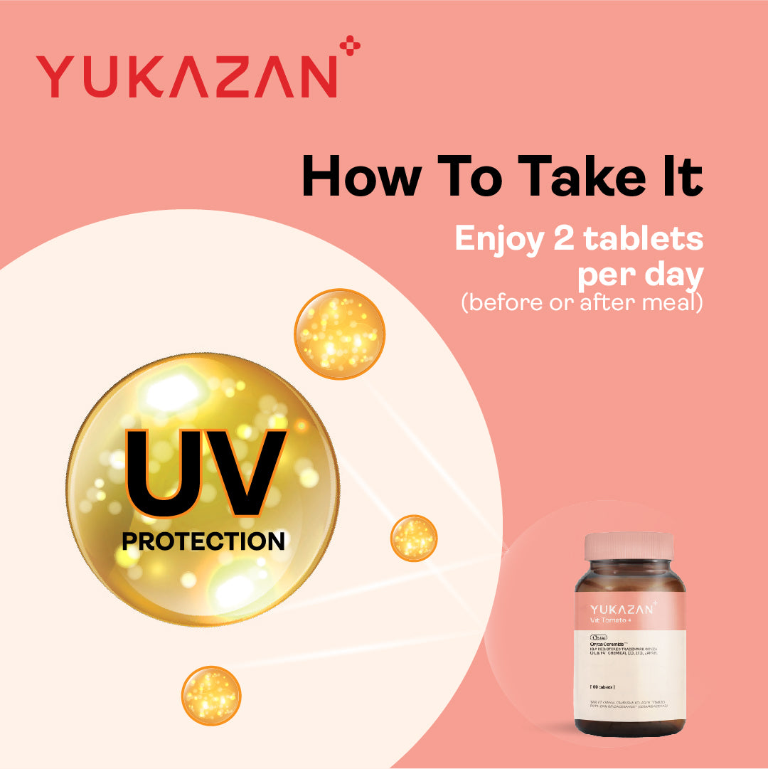 Yukazan Vit Tomato+ Brightening Supplement - Collagen, White Tomato, Oryza Ceramide Chewable Tablet - Oral Sunblock (60's)