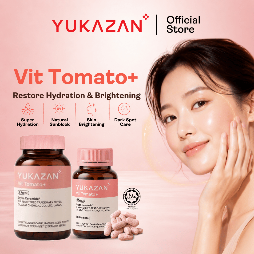 Yukazan Vit Tomato+ Brightening Supplement - Collagen, White Tomato, Oryza Ceramide Chewable Tablet - Oral Sunblock (60's)