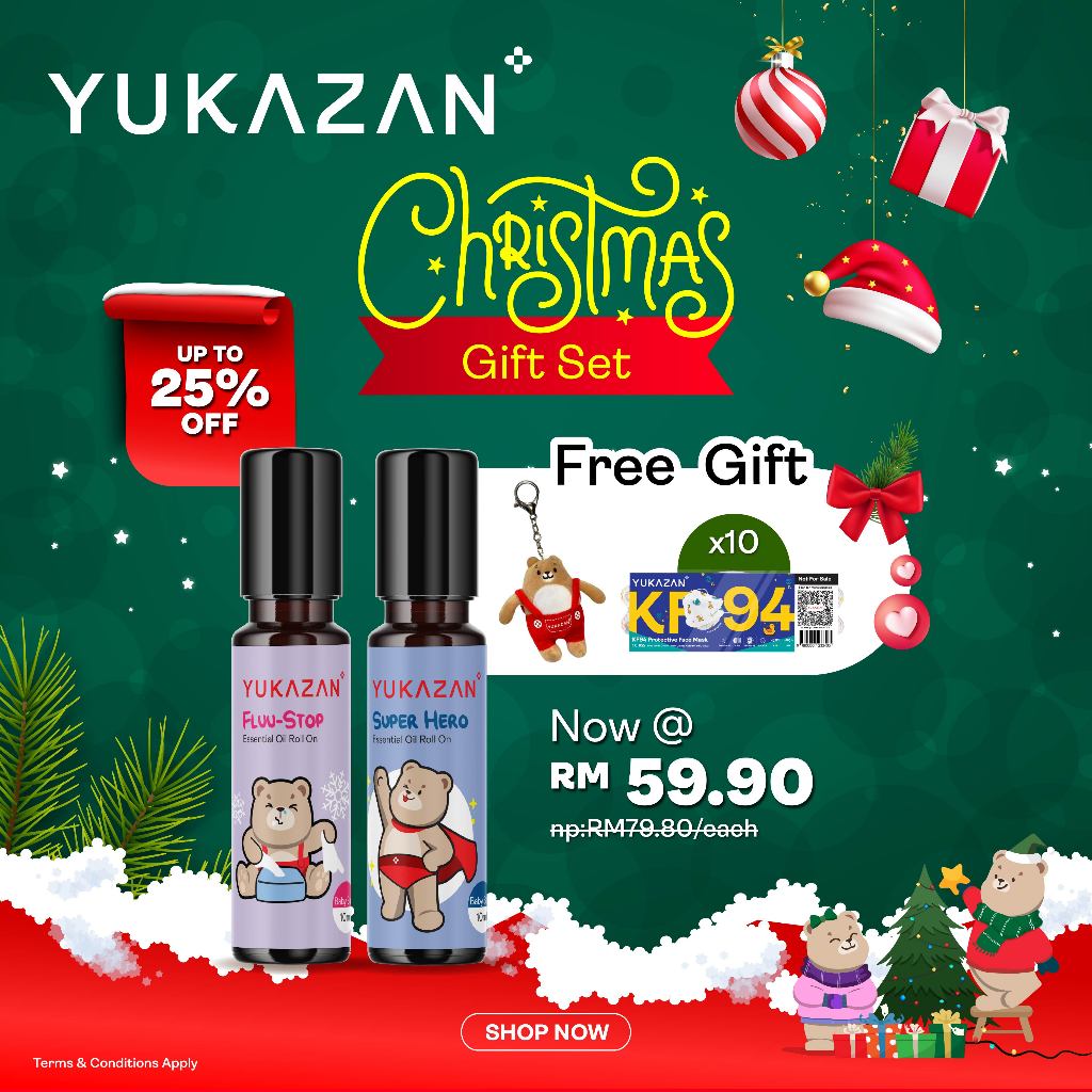 Yukazan Festive Christmas Gift Set Bundle 3 Essential Oil Roll On Flu & Hero For Kids