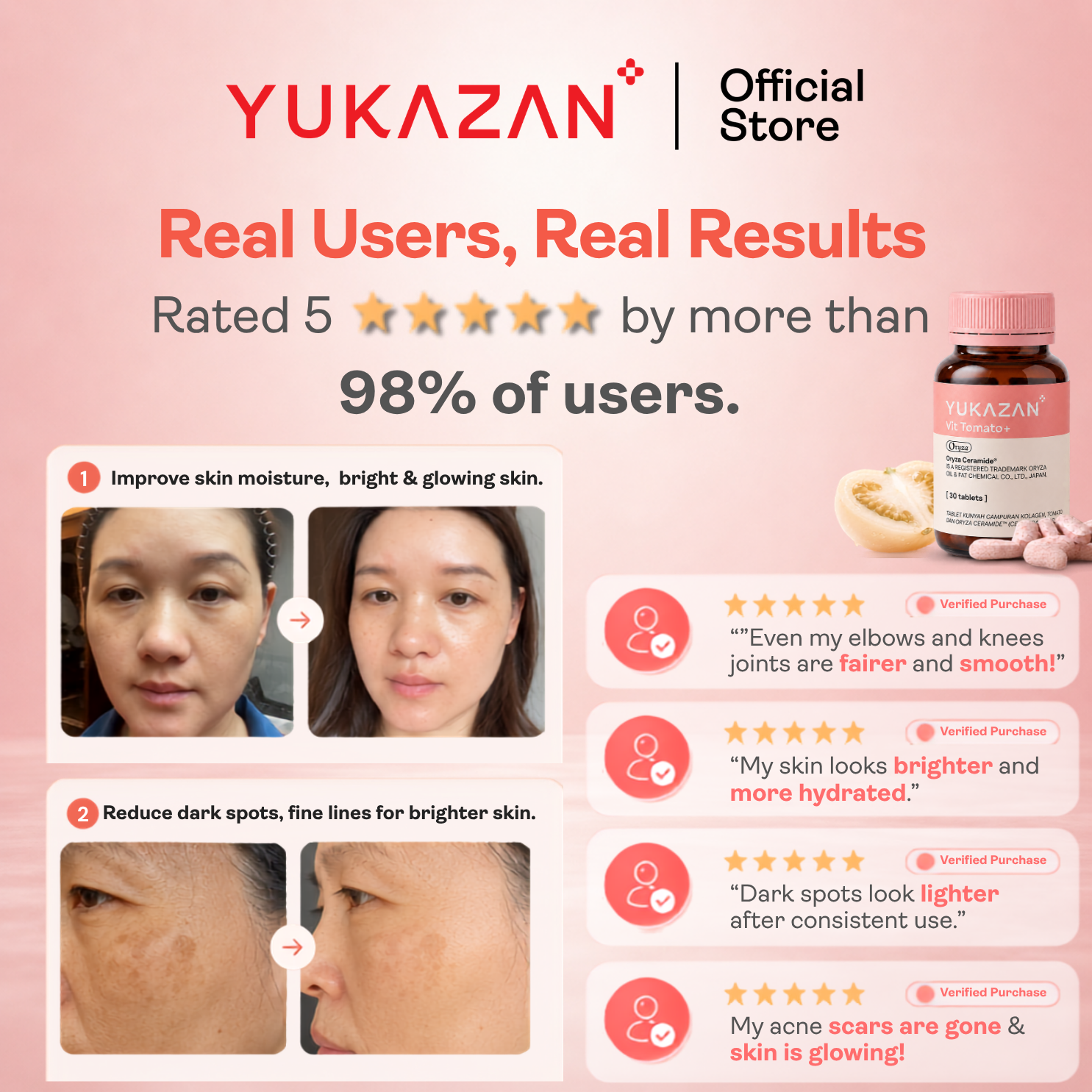Yukazan Vit Tomato+ Brightening Supplement - Collagen, White Tomato, Oryza Ceramide Chewable Tablet - Oral Sunblock (30's)