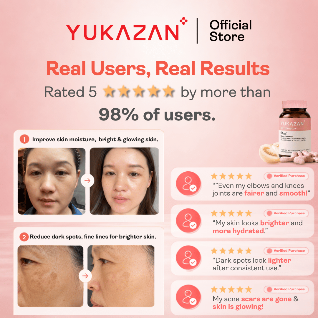 Yukazan Vit Tomato+ Brightening Supplement - Collagen, White Tomato, Oryza Ceramide Chewable Tablet - Oral Sunblock (60's)