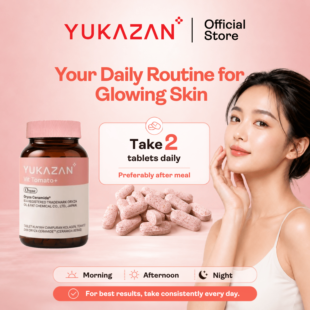 Yukazan Vit Tomato+ Brightening Supplement - Collagen, White Tomato, Oryza Ceramide Chewable Tablet - Oral Sunblock (60's)