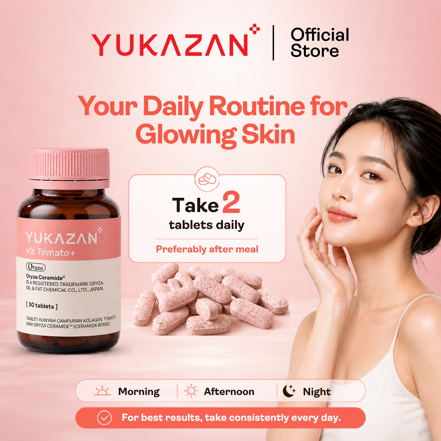 Yukazan Vit Tomato+ Brightening Supplement - Collagen, White Tomato, Oryza Ceramide Chewable Tablet - Oral Sunblock (30's)