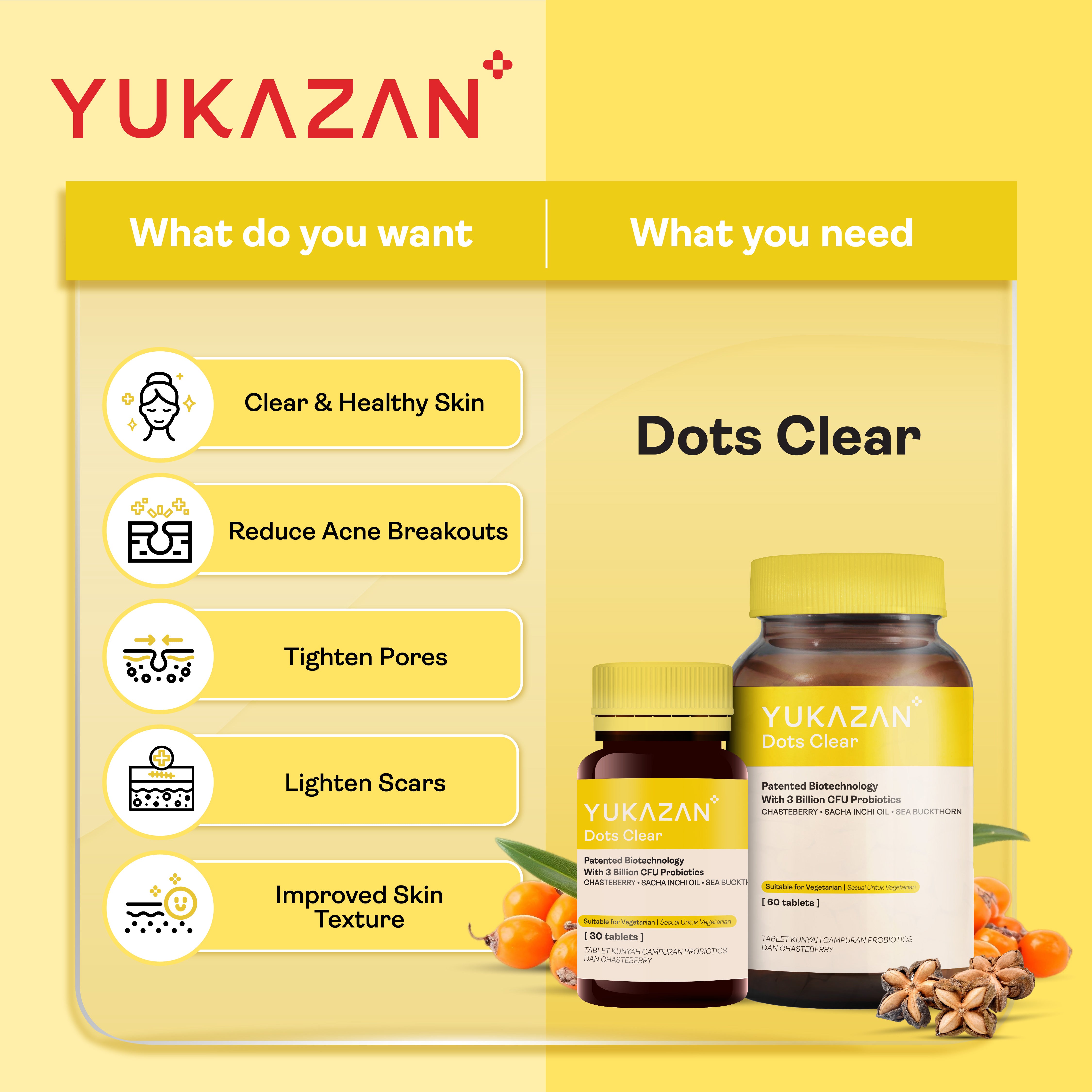 Yukazan Dots Clear 30's Chewable Supplement Reduce Acne / Lighten Scars / Anti Acne / Skin Clarity