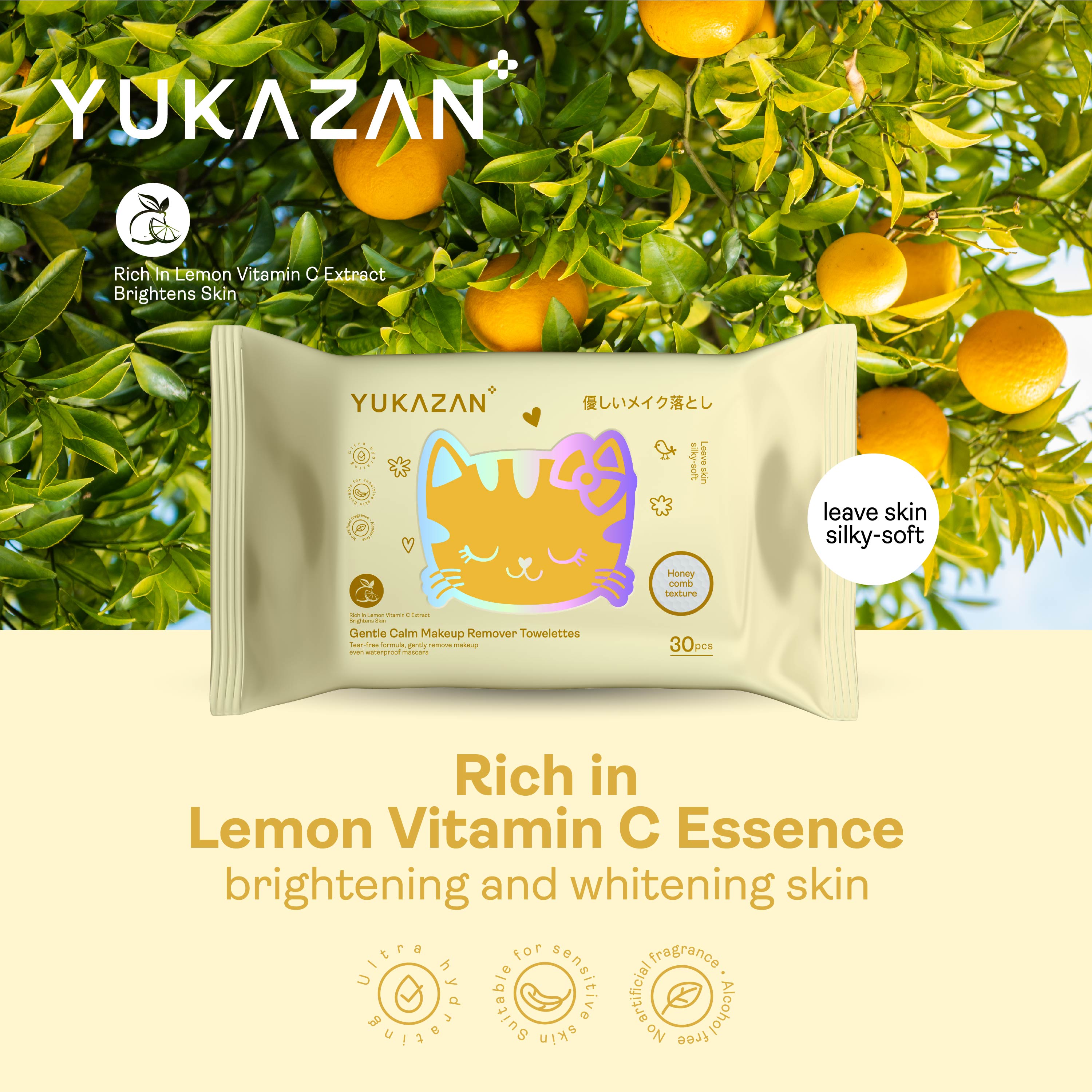 Yukazan Gentle Calm Make Up Remover Towelettes Rich In Lemon Vitamin C 30's