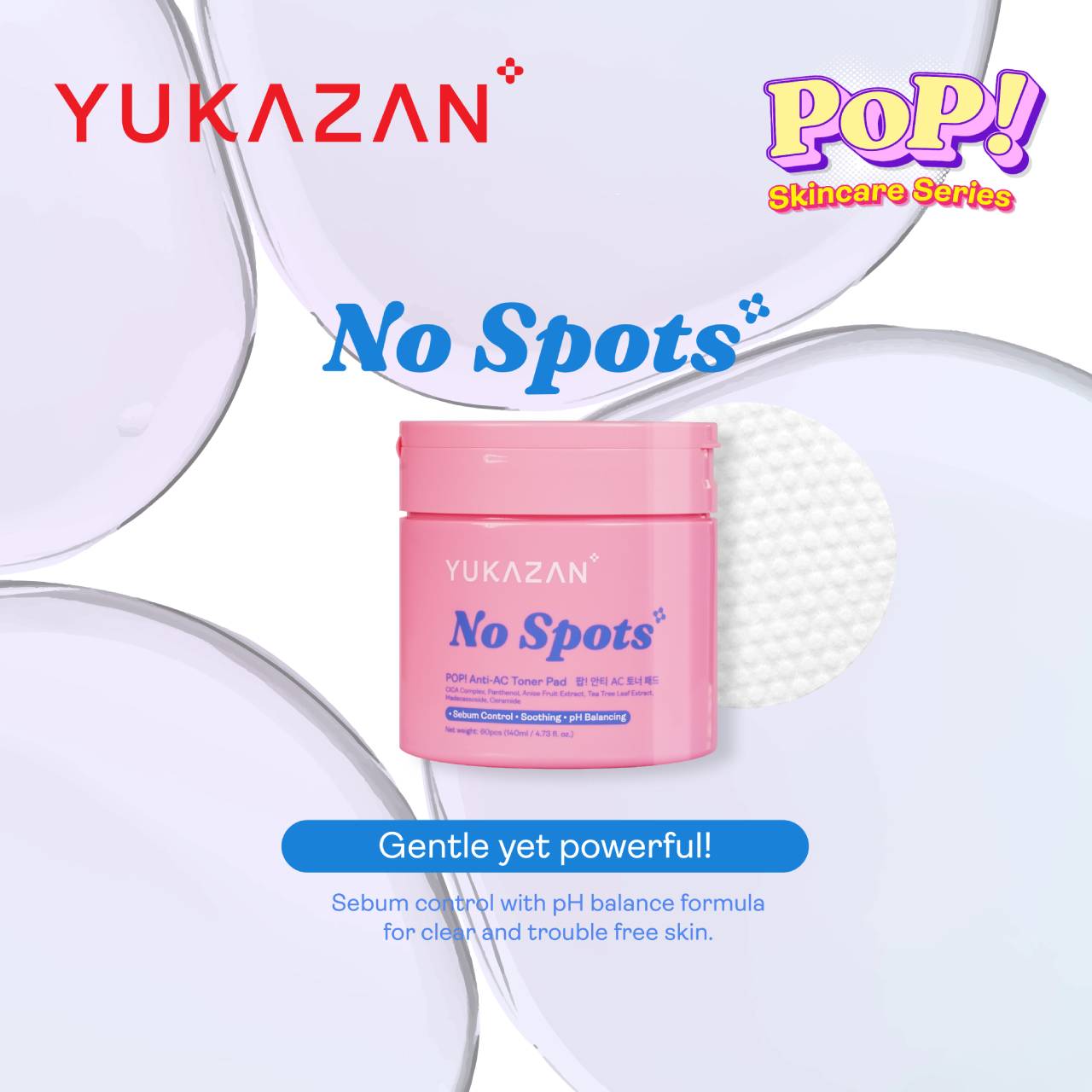 Yukazan POP! No Spots Anti-Acne Toner Pad 60'S / Soothing / Sebum control / pH Balancing / Skin care / Face