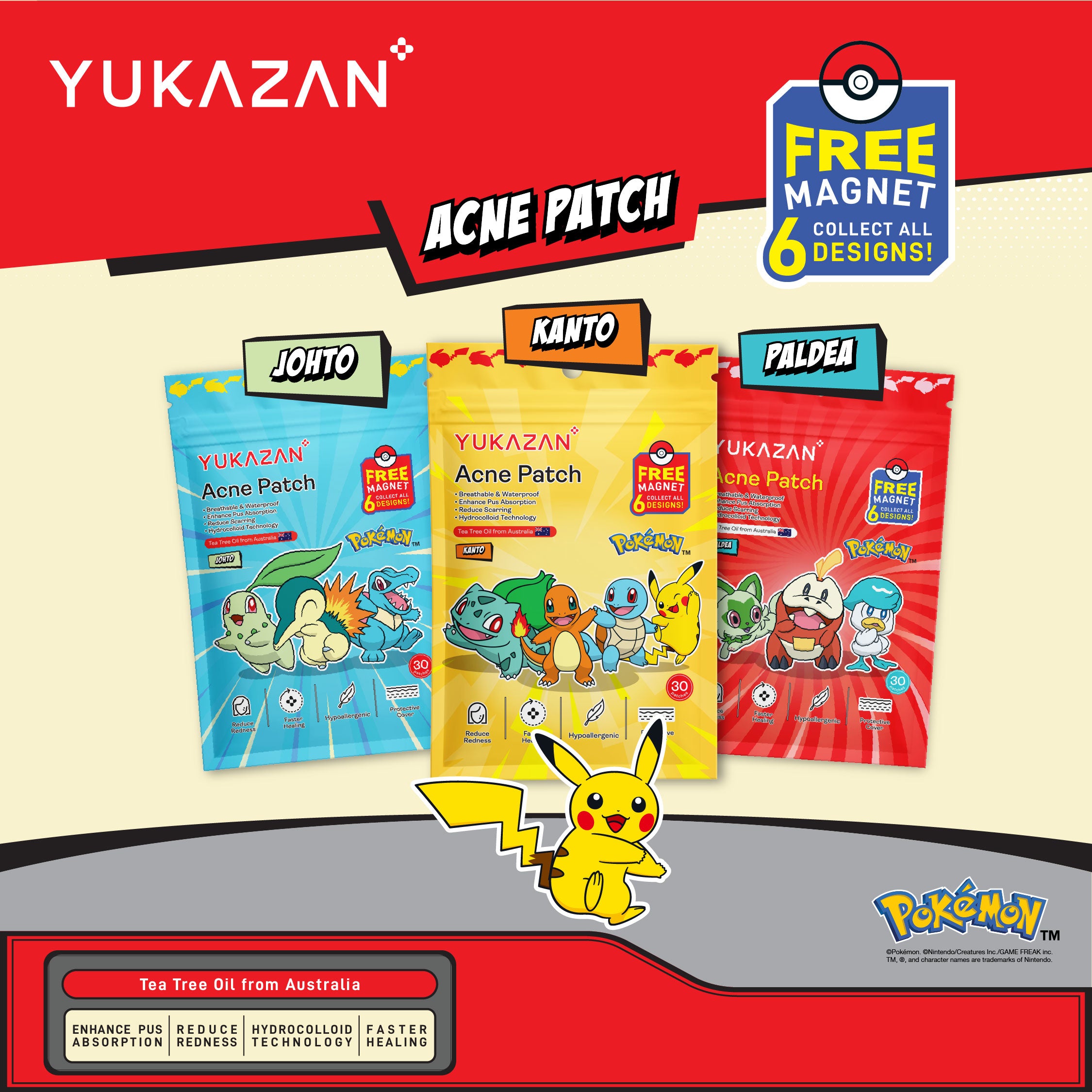 【Yukazan x Pokémon】Hydrocolloid Acne Healing Patch 30's | Cute Design | Pimple patch | Acne Patch