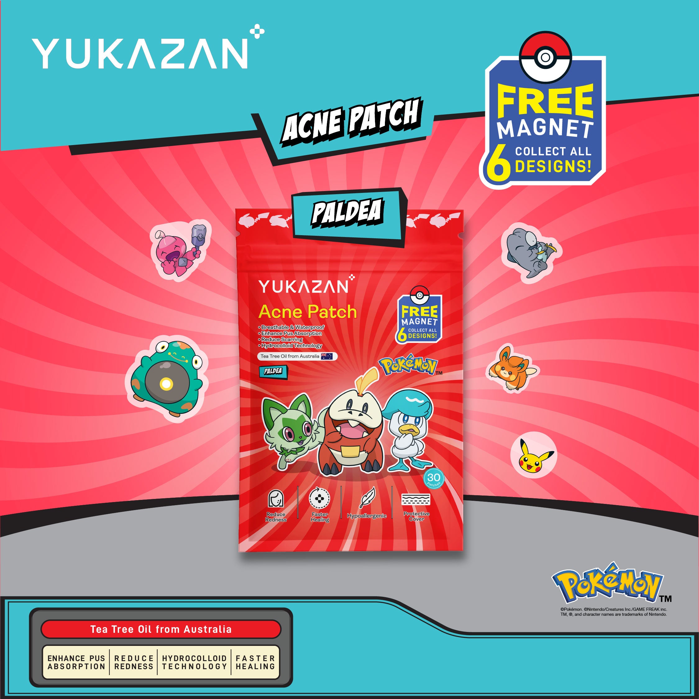 【Yukazan x Pokémon】Hydrocolloid Acne Healing Patch 30's | Cute Design | Pimple patch | Acne Patch
