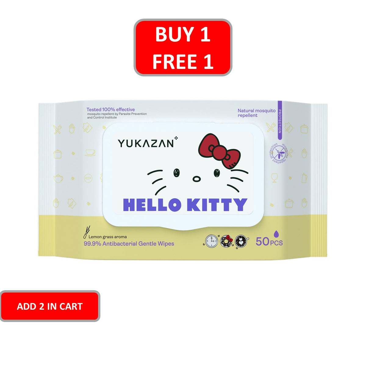 Yukazan Hello Kitty Gentle Wipes 99.9% Antibacterial 50's (Lemon Grass Aroma)