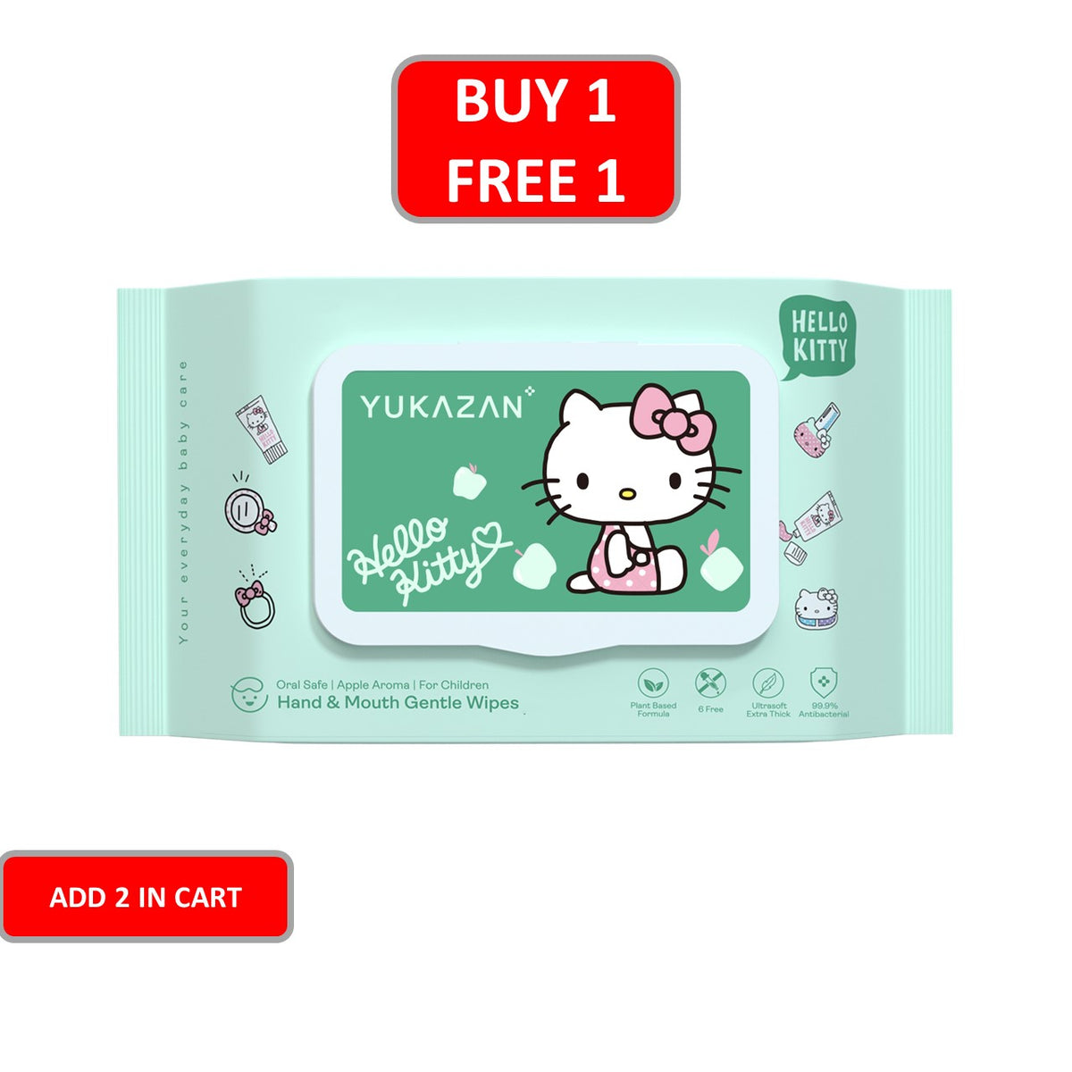 Yukazan Hello Kitty Kids Hand & Mouth Gentle Wipes 99.9% Antibacterial 50's (Apple Aroma)