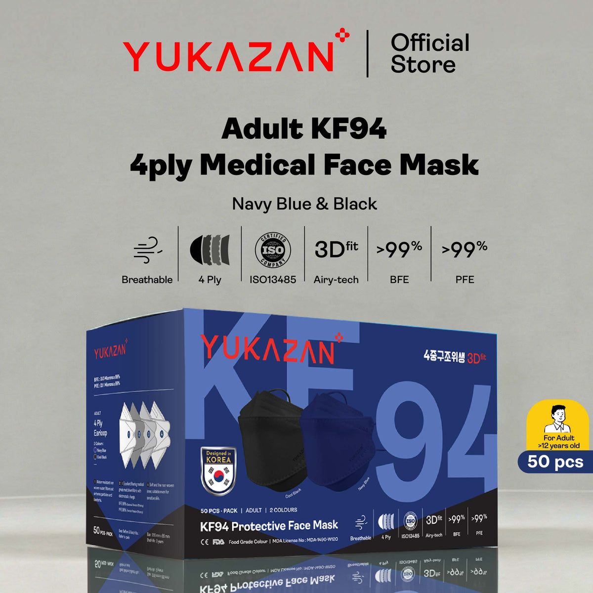 Yukazan Adult KF94 Navy Blue & Cool Black Protective Respirator Face Mask (50 Pcs/Box)