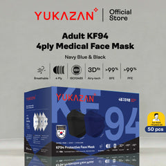 Yukazan Adult KF94 Navy Blue & Cool Black Protective Respirator Face Mask (50 Pcs/Box)