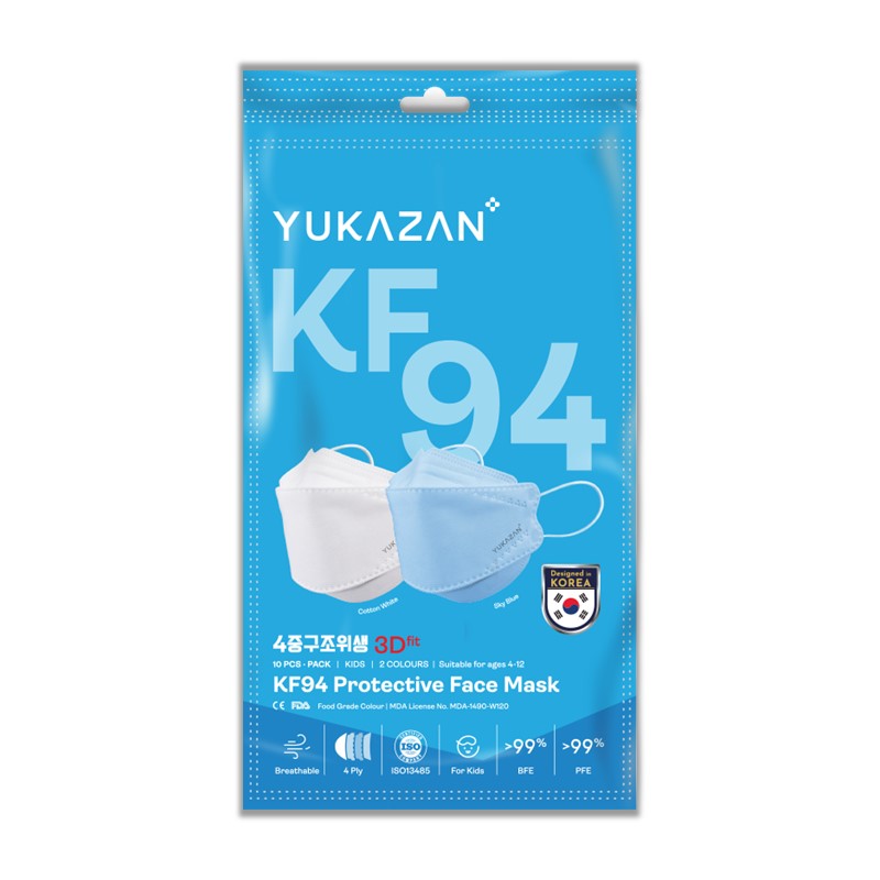 Yukazan Kids KF94 Sky Blue & Cotton White Protective Respirator Face Mask (10 Pcs/Pack) - Yukazan Official Store