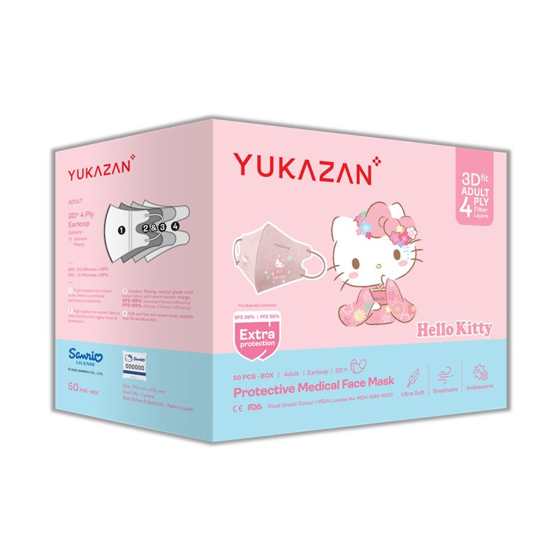 Yukazan Adult 3D Fit Hello Kitty Kimono Peony Protective Respirator Face Mask (50 Pcs/Box) - Yukazan Official Store